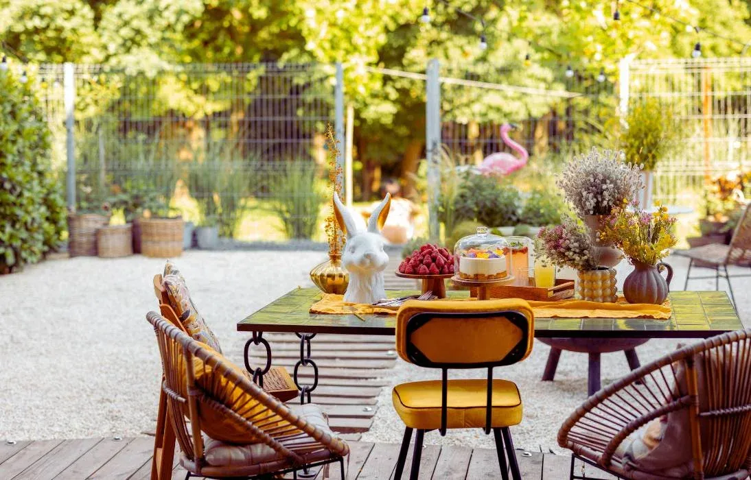 Terrasse de jardin, table dressée, fauteuils en rotin et chaise jaune moutarde