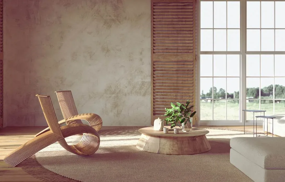 Salon minimaliste aux tons sable, chaise longue en bois et table basse en tronc